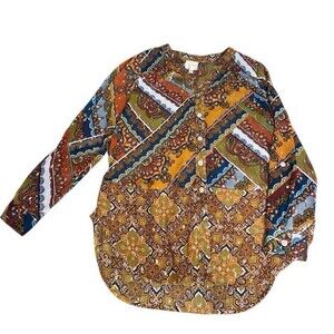 FIG & FLOWER Anthropologie Paisley Floral V Neck Button up Blouse Sheer Size PM